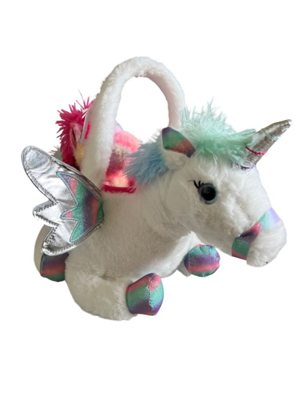 Rainbow Unicorn Plush Purse with stuffed baby unicorn and handle - Picture 5 of 10